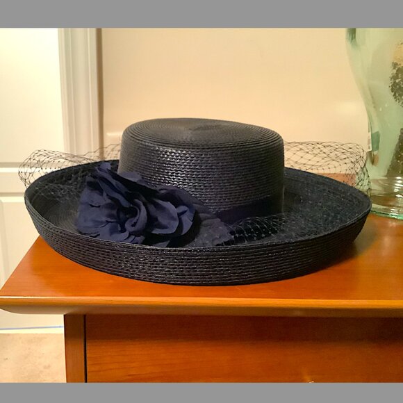 Dark Navy/Black medium brim  hat with flowers, netting and bows details on top main image 4